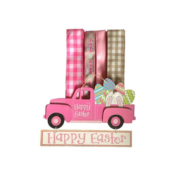 DIY Happy Easter Pink Truck Wreath Making Kit, Spring Sign Ribbon Bundle Set - Picture 4 of 6